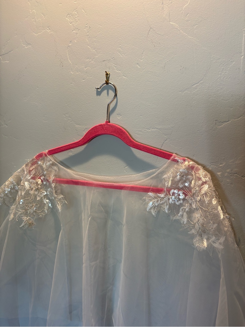 Embroidered Bridal Cape with Floral Lace Applique with Sequins - Cream/White - Picture 4 of 9